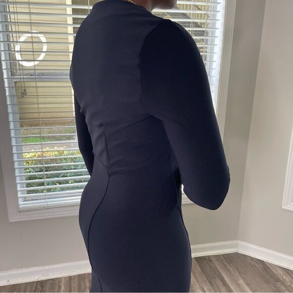 Boston Proper Knee Length Fluted Flare Fishtail Long sleeved V Neck Dress LBD - Picture 13 of 14